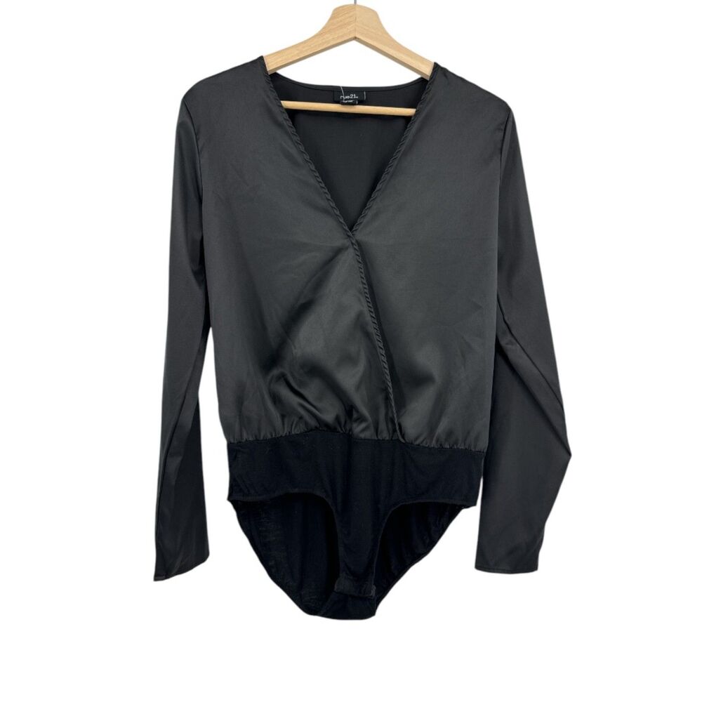 Bodysuit Womens Small Cross Wrap blouse black rayon blend v neck top Rue 21